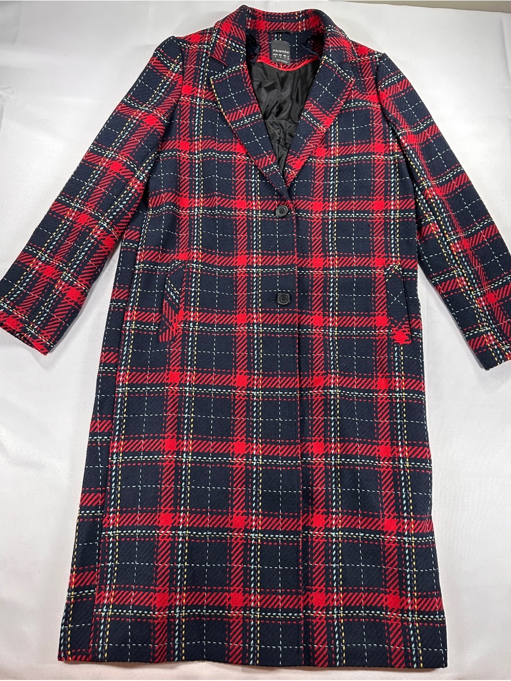 Primark Red Navy Tartan Plaid Long Coat Women’s US 8 - Picture 2 of 8